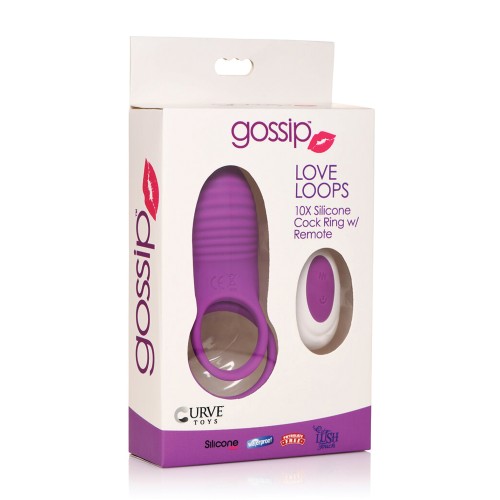 Anillo para el Pene de Silicona Curve Toys Gossip Love Loops 10X con Control Remoto - Violeta
