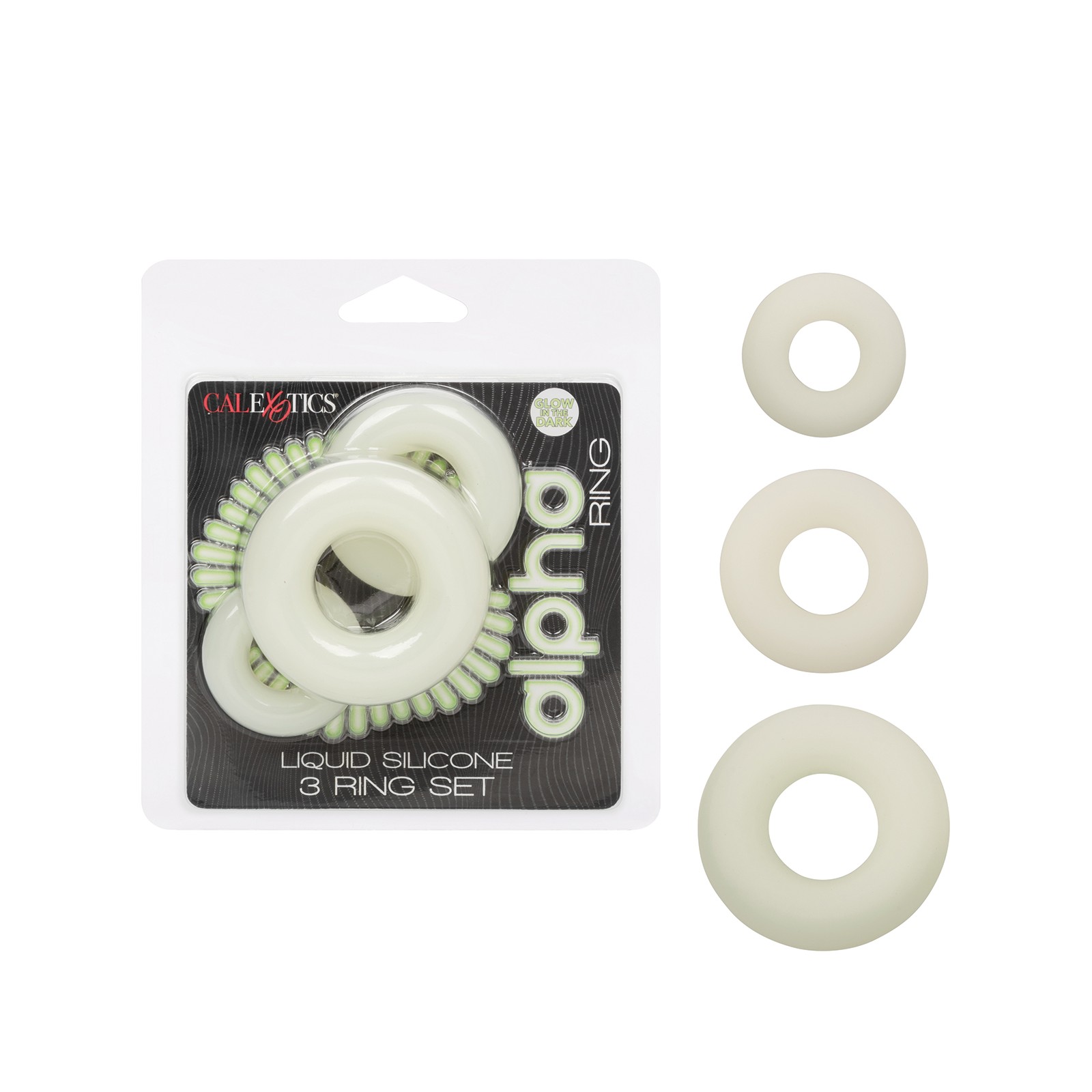 Alpha Liquid Silicone Glow in Dark Cock Ring Set of 3 Alpha Liquid Silicone Glow in Dark Cock Ring Set of 3