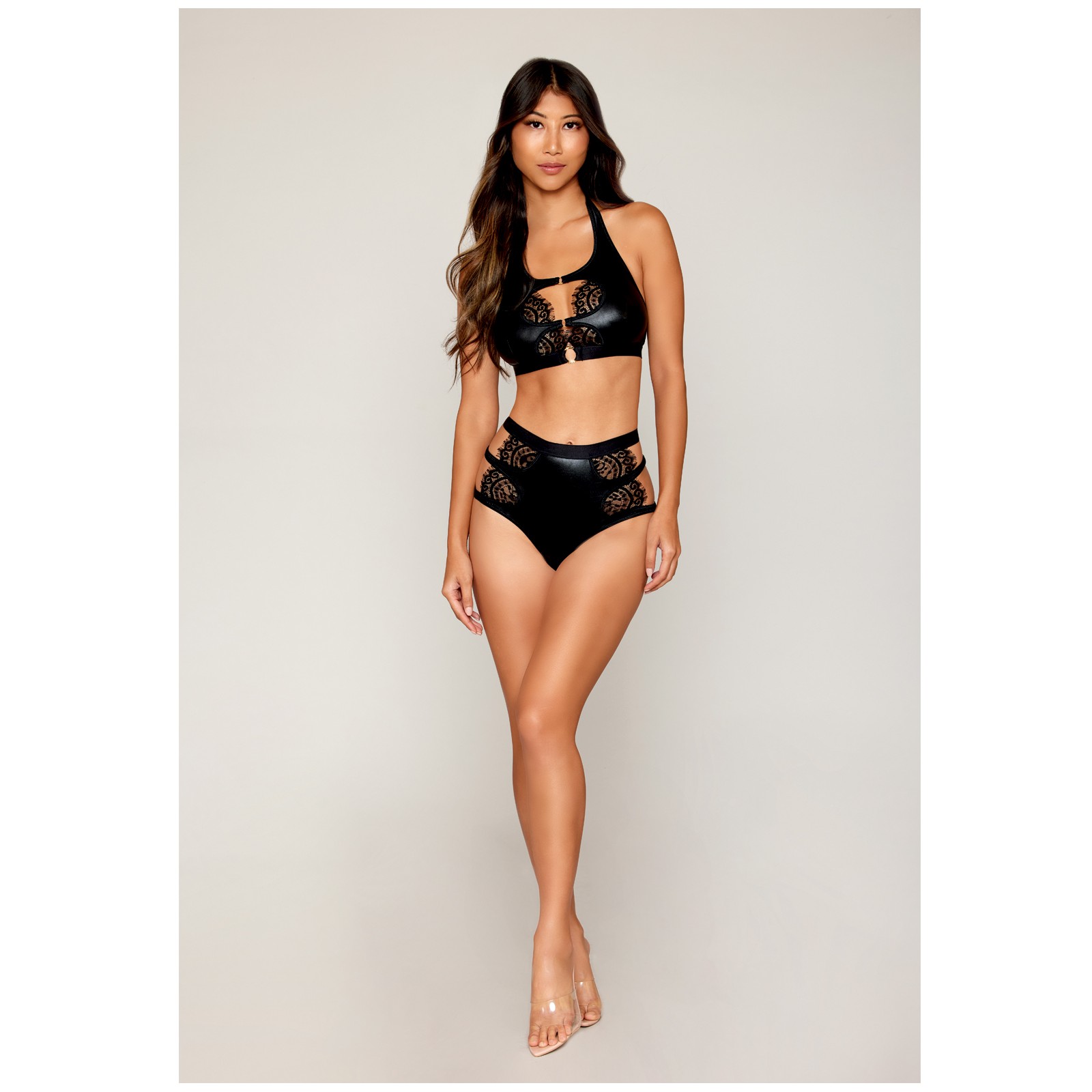 Bralette de Cuero Sintético y Encaje con Panty de Cintura Alta Negro SM Bralette de Cuero Sintético y Encaje con Panty de Cintura Alta Negro SM