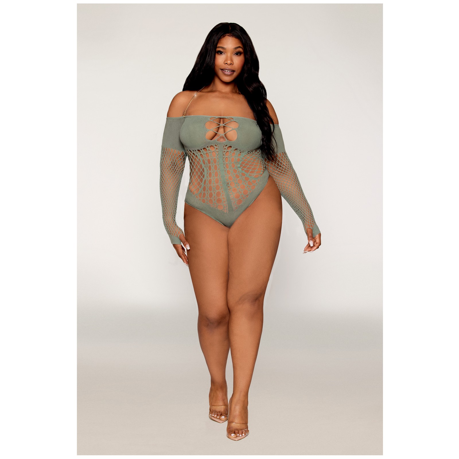 Teddy Sin Costuras de Manga Larga con Cadena Halter Removible - Verde Salvia Talla Reina Teddy Sin Costuras de Manga Larga con Cadena Halter Removible - Verde Salvia Talla Reina