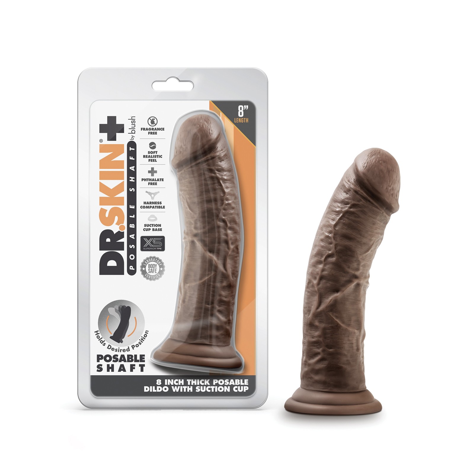 Blush Dr. Skin Plus Dildo Poseable de 8" Chocolate Blush Dr. Skin Plus Dildo Poseable de 8" Chocolate