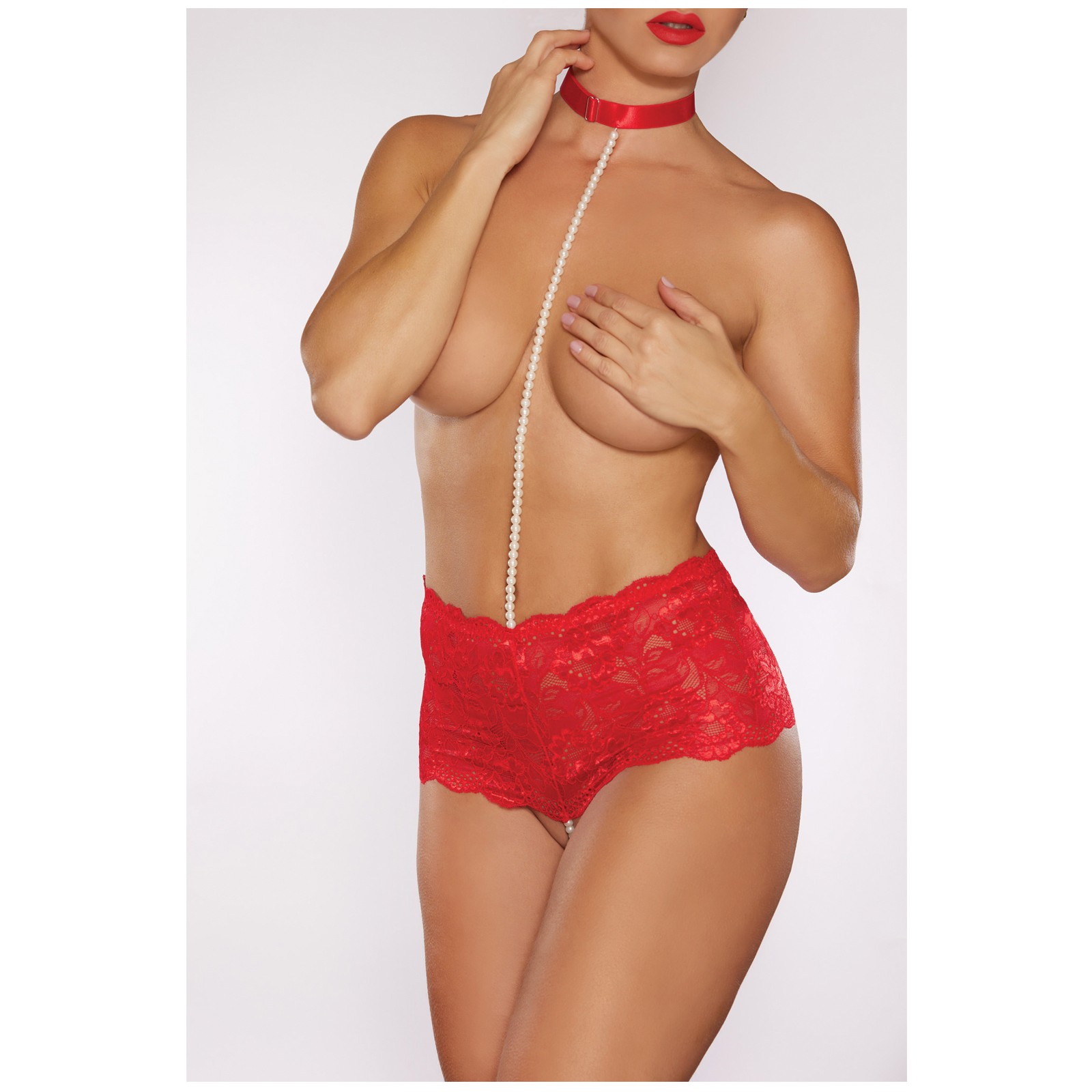 Allure Posh & Spicy Crotchless Panty with Choker & Pearls - Red O/S Allure Posh & Spicy Crotchless Panty with Choker & Pearls - Red O/S