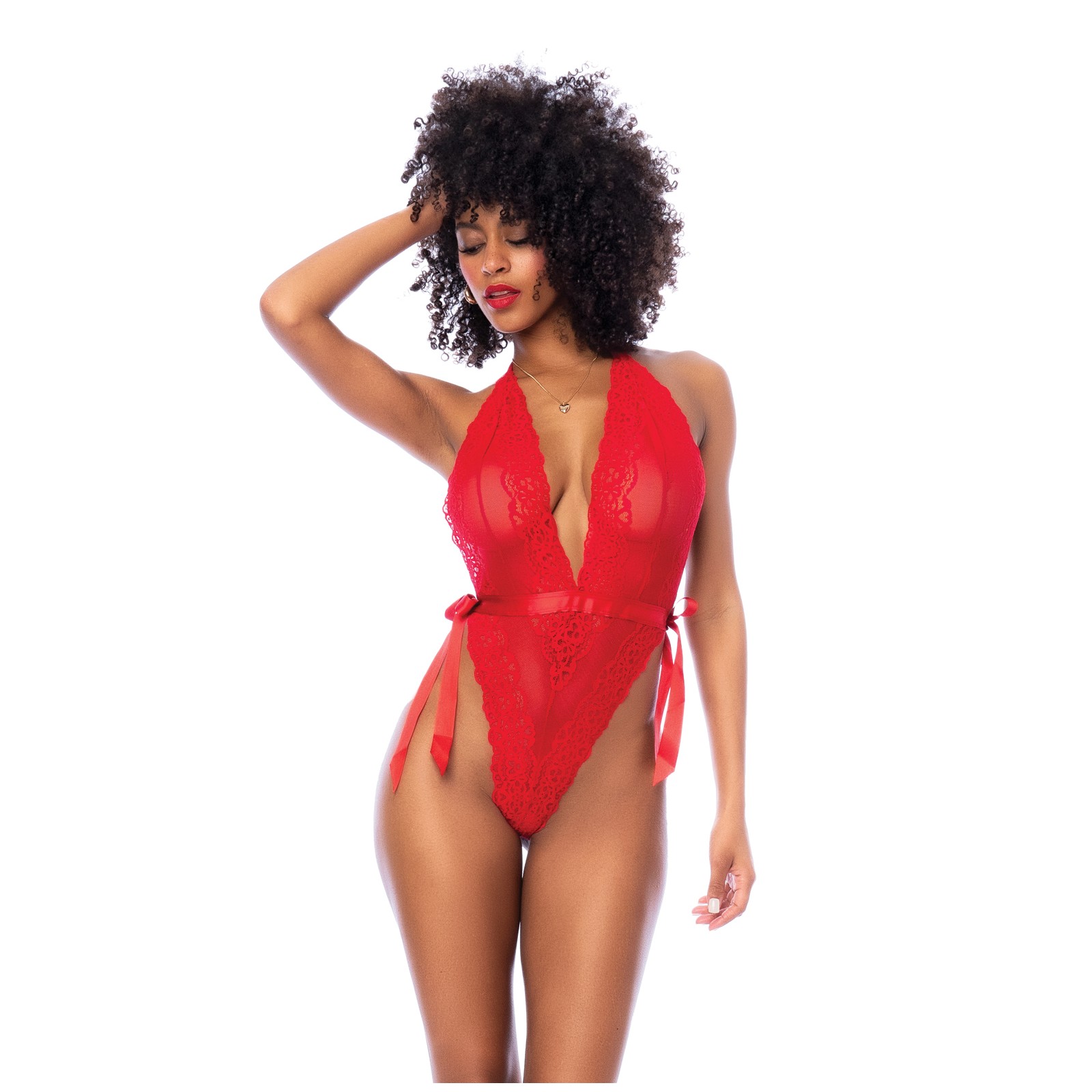 Lace Deep-V Halter Teddy with Hook and Eye Closure Red S/M Lace Deep-V Halter Teddy with Hook and Eye Closure Red S/M