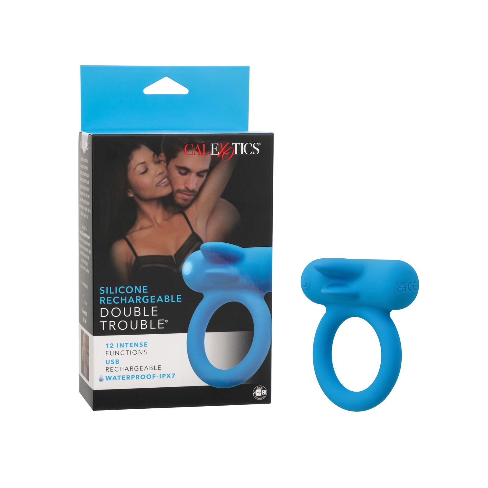 Couple's Enhancer Silicone Rechargeable Double Trouble Enhancer w/Flickering Dual Teasers - Blue Couple's Enhancer Silicone Rechargeable Double Trouble Enhancer w/Flickering Dual Teasers - Blue