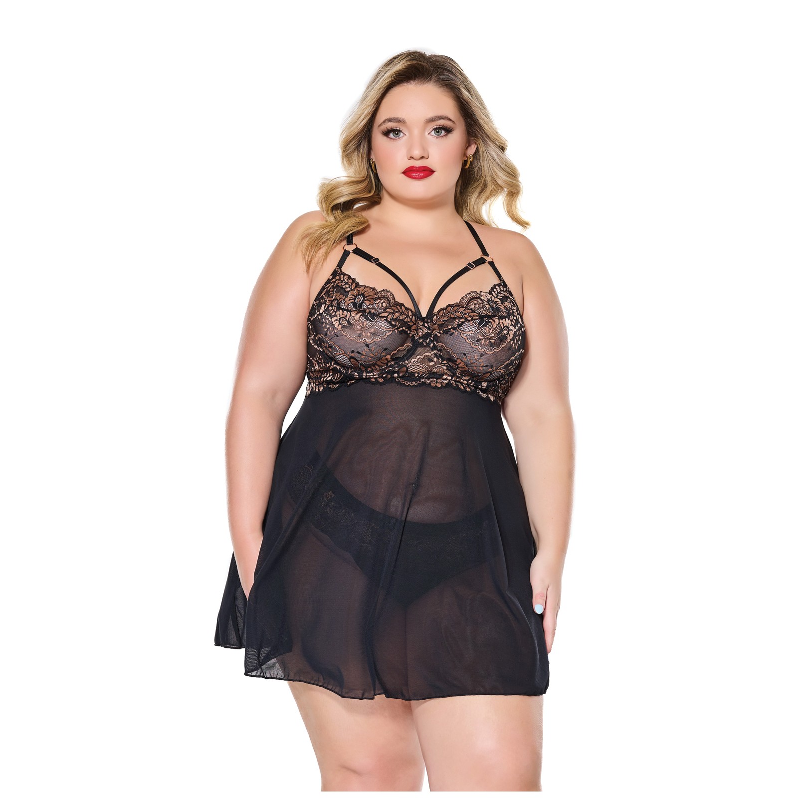 Babydoll de Encaje y Malla con Tanga Negro Oro Rosa 1X 2X Babydoll de Encaje y Malla con Tanga Negro Oro Rosa 1X 2X