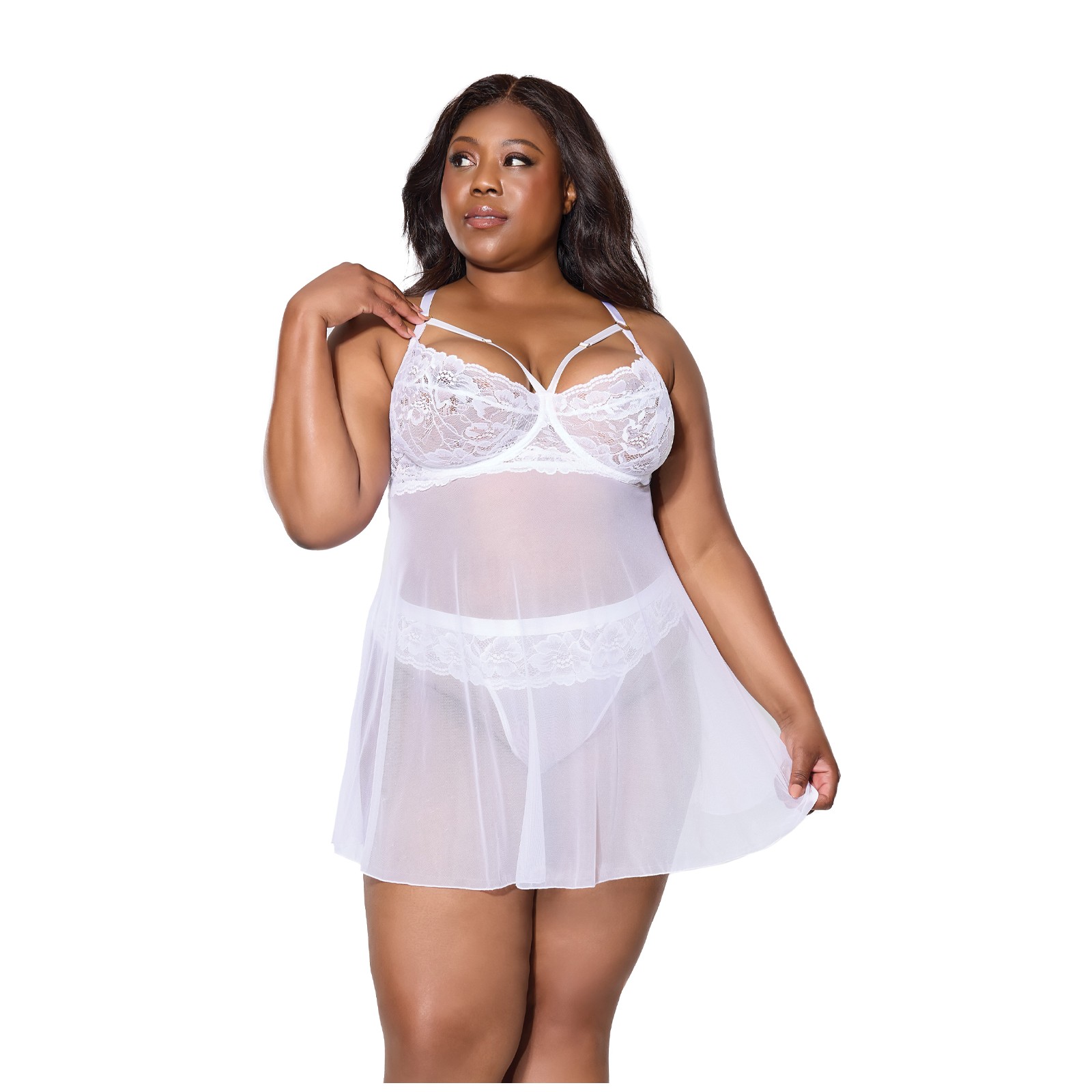 Babydoll de Encaje y Malla Escalopado con Tanga Blanco Babydoll de Encaje y Malla Escalopado con Tanga Blanco