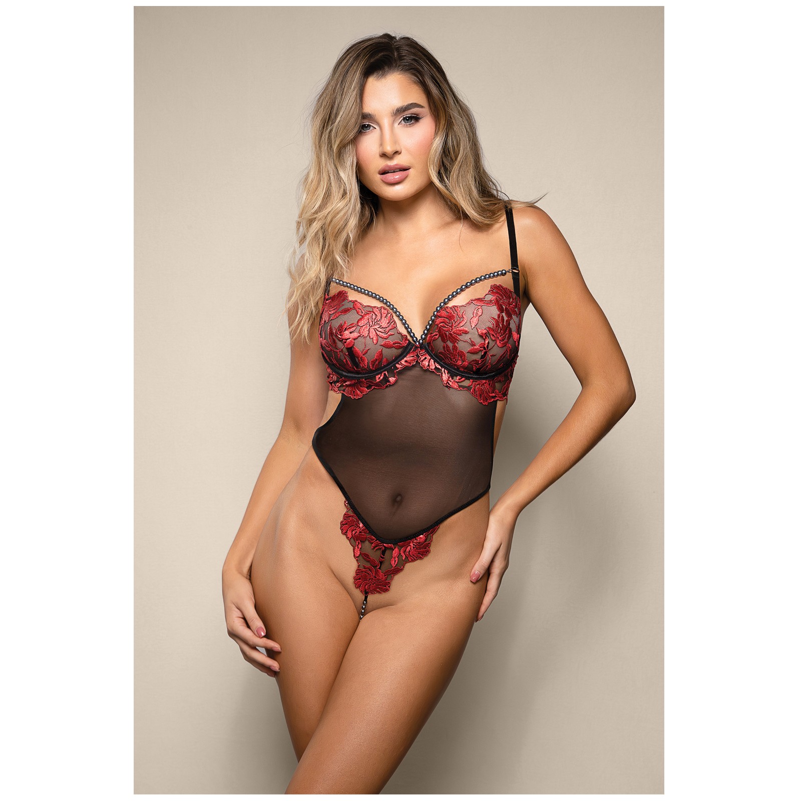 Opulence Embroidered Underwire Open Crotch Teddy Red S/M Opulence Embroidered Underwire Open Crotch Teddy Red S/M