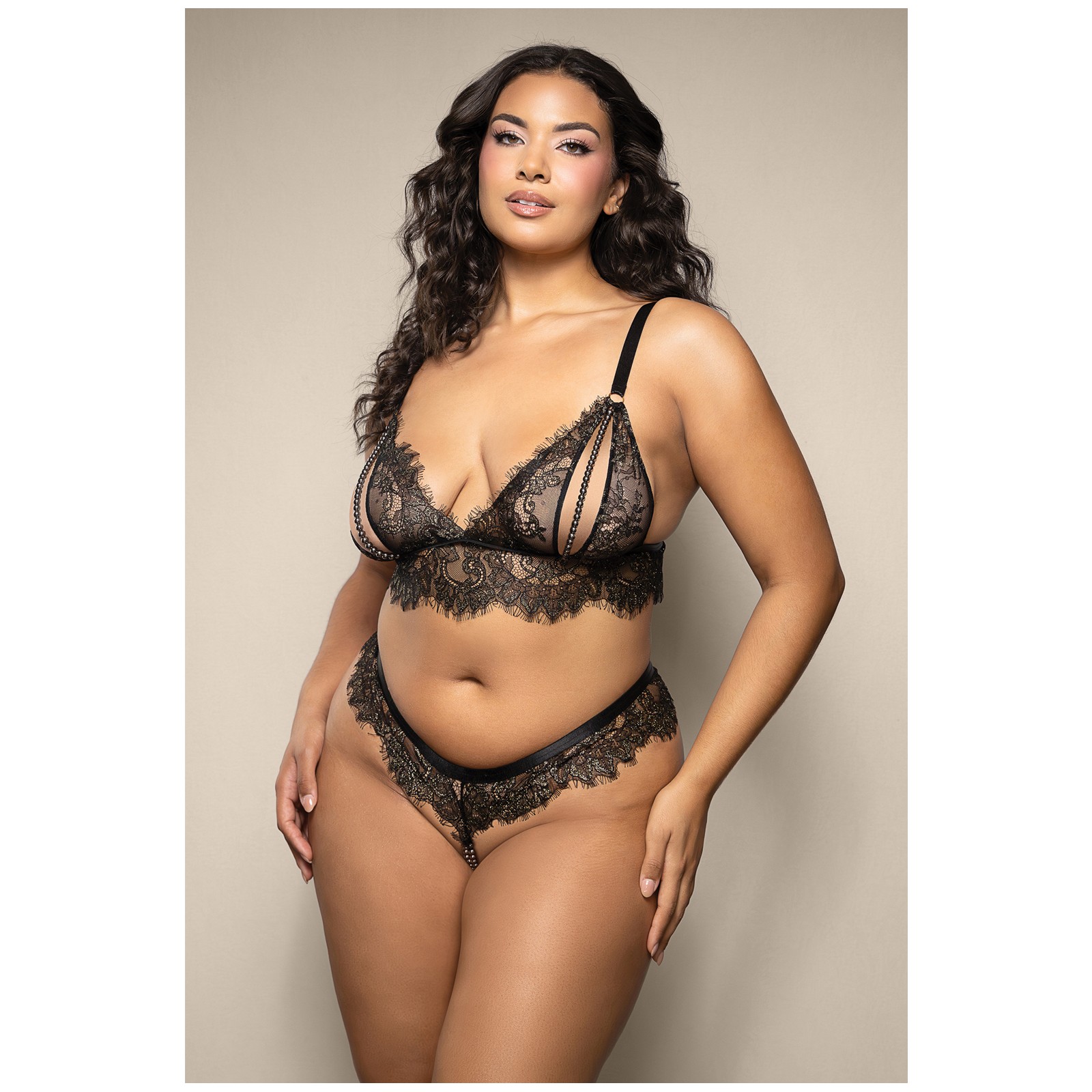 Opulence Metallic Eyelash Lace Bralette & Pearl String Panty Opulence Metallic Eyelash Lace Bralette & Pearl String Panty