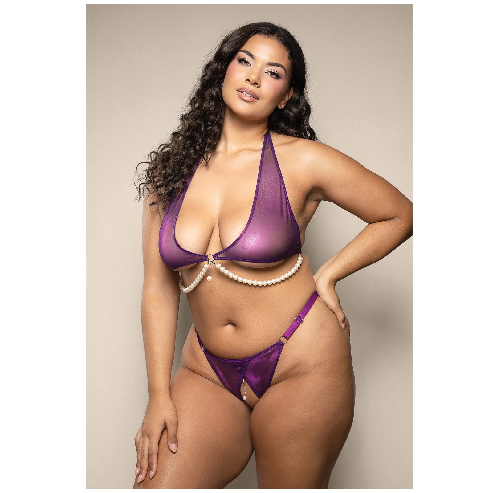 Opulence Shimmer Halter Top and Panty with Pearl Details Purple QN Opulence Shimmer Halter Top and Panty with Pearl Details Purple QN
