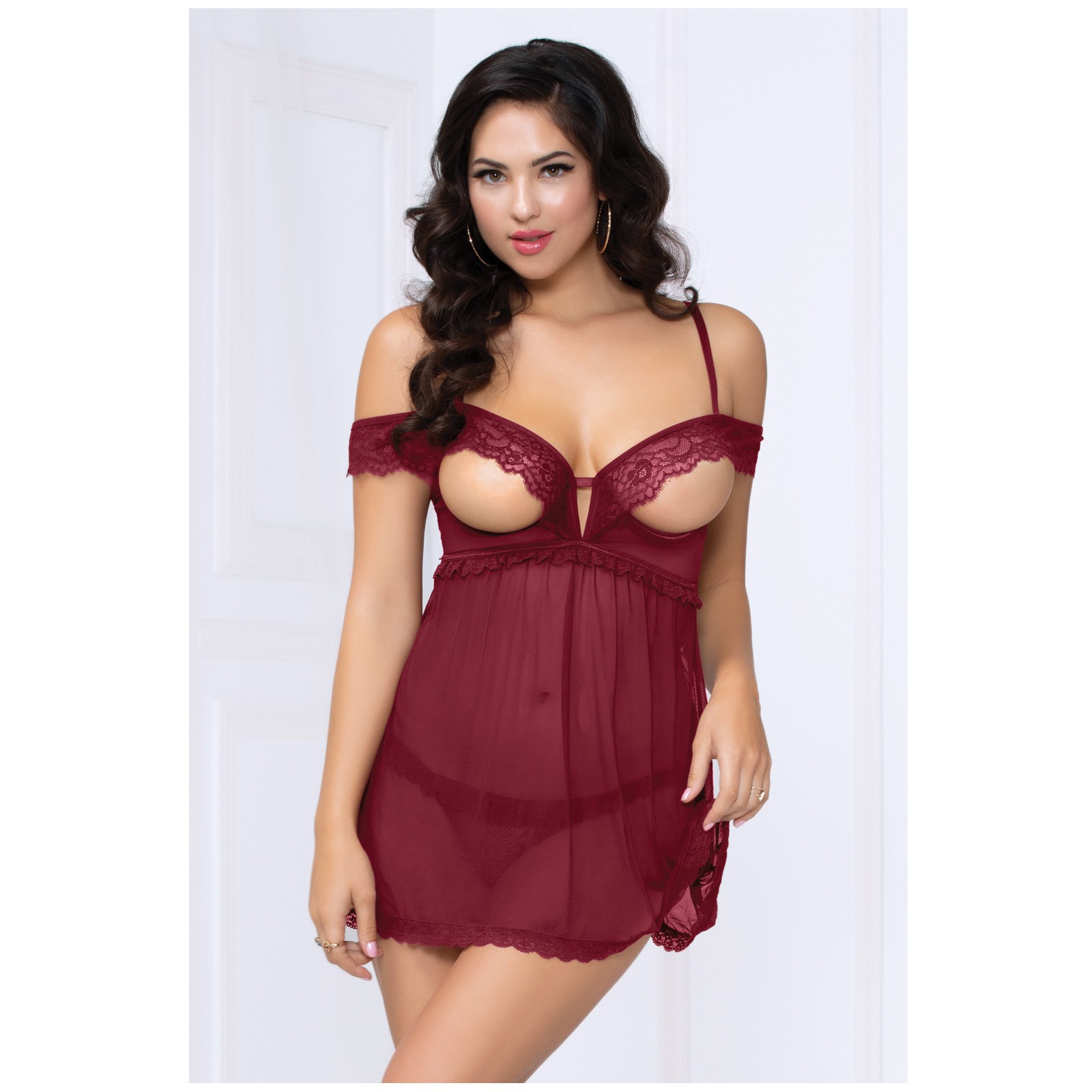 Babydoll de Encaje y Malla con Copas Abiertas Babydoll de Encaje y Malla con Copas Abiertas