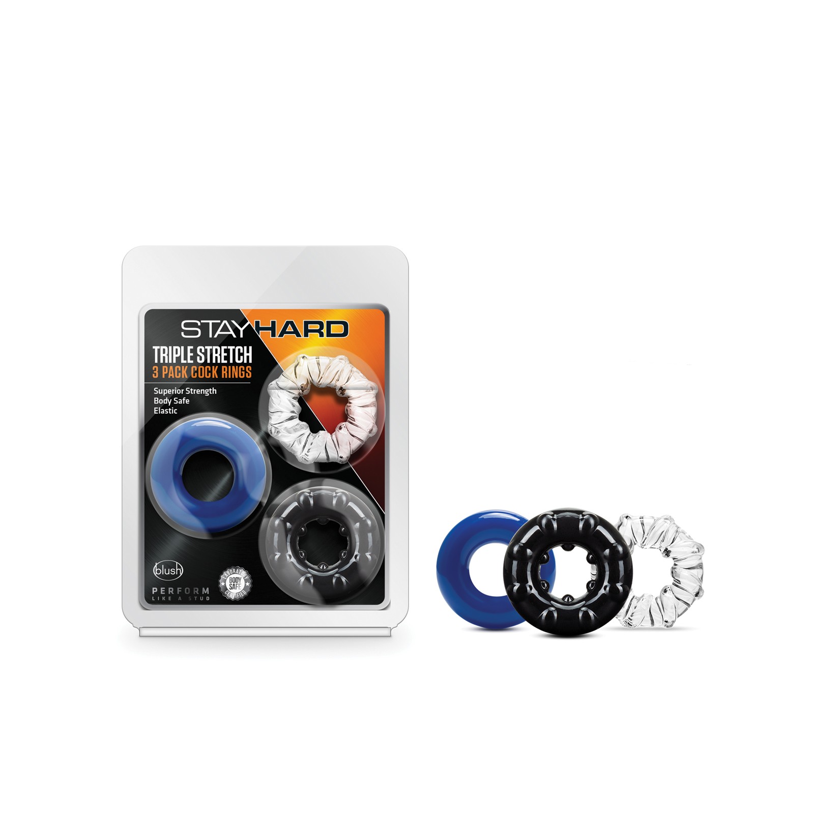 Blush Stay Hard Triple Stretch Cock Rings Pack of 3 Blush Stay Hard Triple Stretch Cock Rings Pack of 3