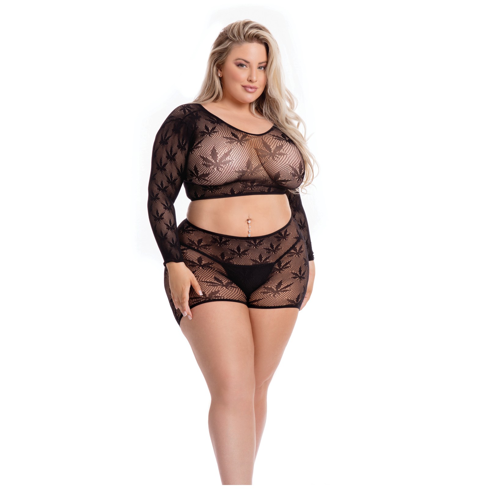 Pink Lipstick Leaf it to Me Long Sleeve Crop Top and Short - Black QN Pink Lipstick Leaf it to Me Long Sleeve Crop Top and Short - Black QN