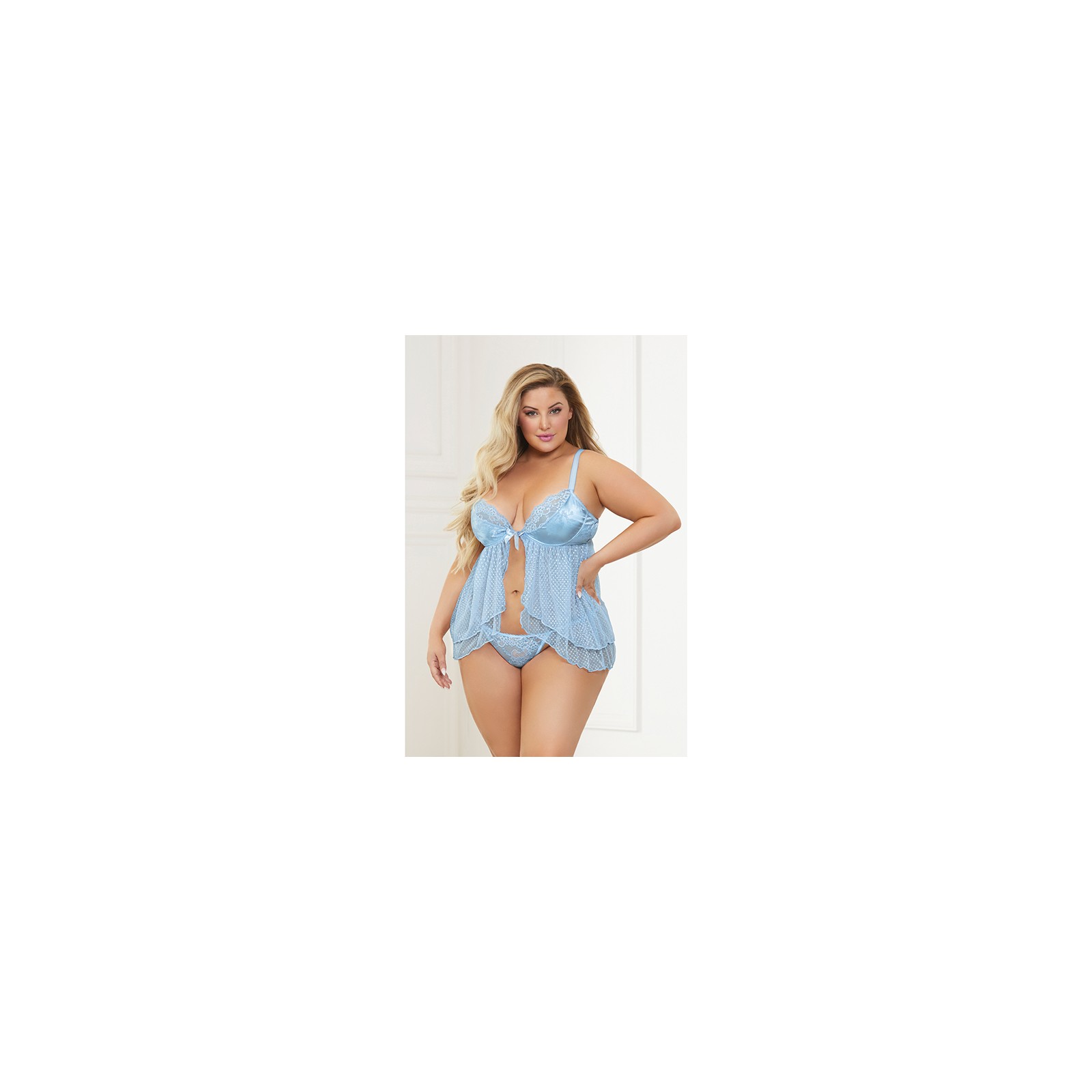 Satin Jacquard Dot Mesh Babydoll & G-String Set Satin Jacquard Dot Mesh Babydoll & G-String Set