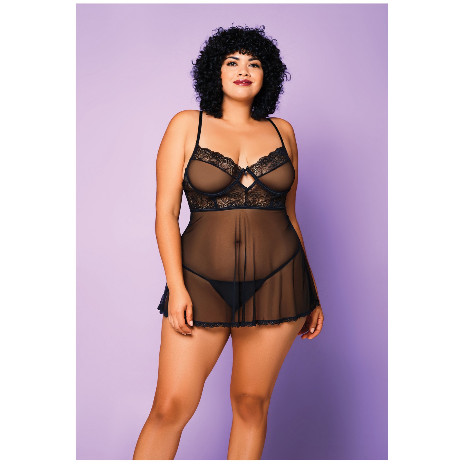 Babydoll de Malla Suave y G-String Negro Tamaño 1X Babydoll de Malla Suave y G-String Negro Tamaño 1X