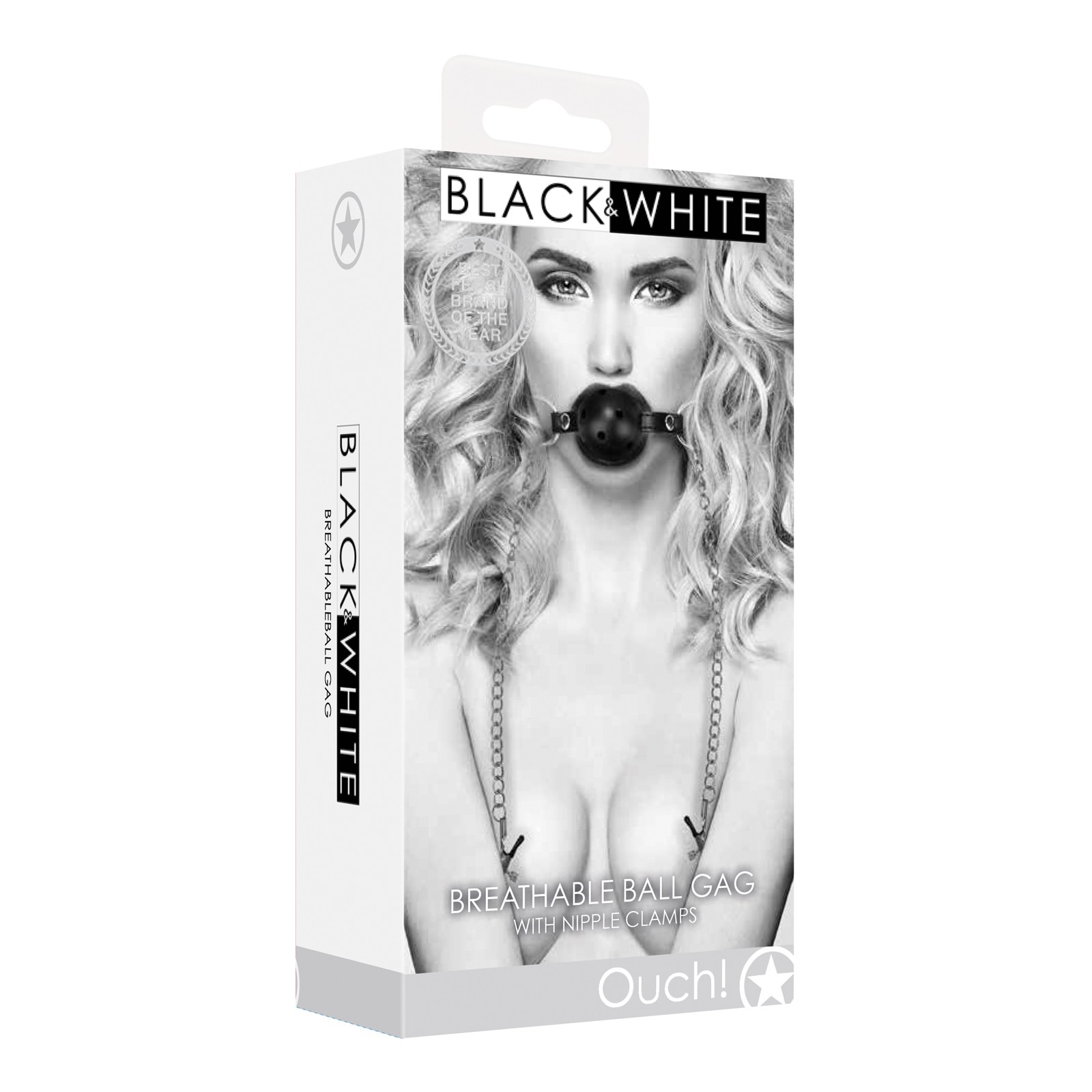 Shots Ouch Black & White Breathable Ball Gag w/Nipple Clamps - Black Shots Ouch Black & White Breathable Ball Gag w/Nipple Clamps - Black