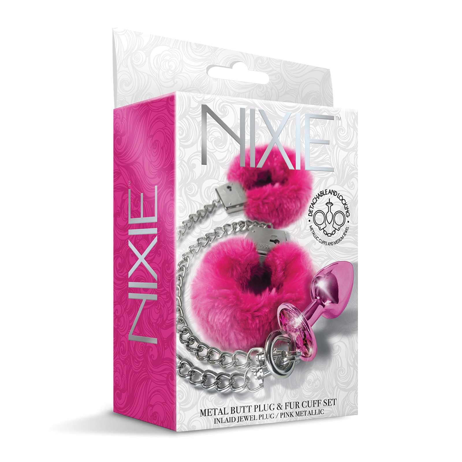 Nixie Metal Butt Plug Jewel Fur Cuff Set Pink Metallic Nixie Metal Butt Plug Jewel Fur Cuff Set Pink Metallic