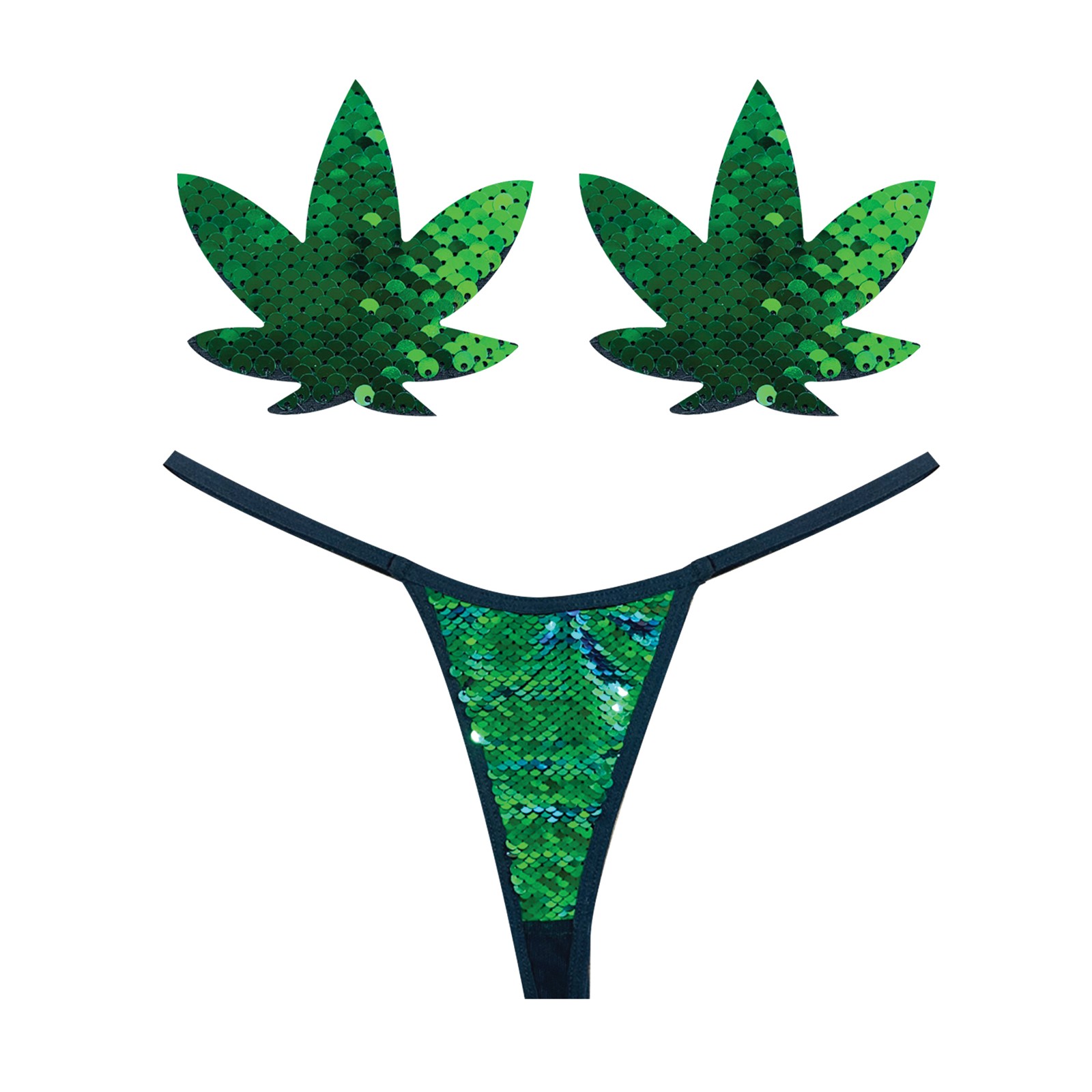 Neva Nude Naughty Knix Weed Leaf Sequin G-String & Pasties - Green O/S Neva Nude Naughty Knix Weed Leaf Sequin G-String & Pasties - Green O/S