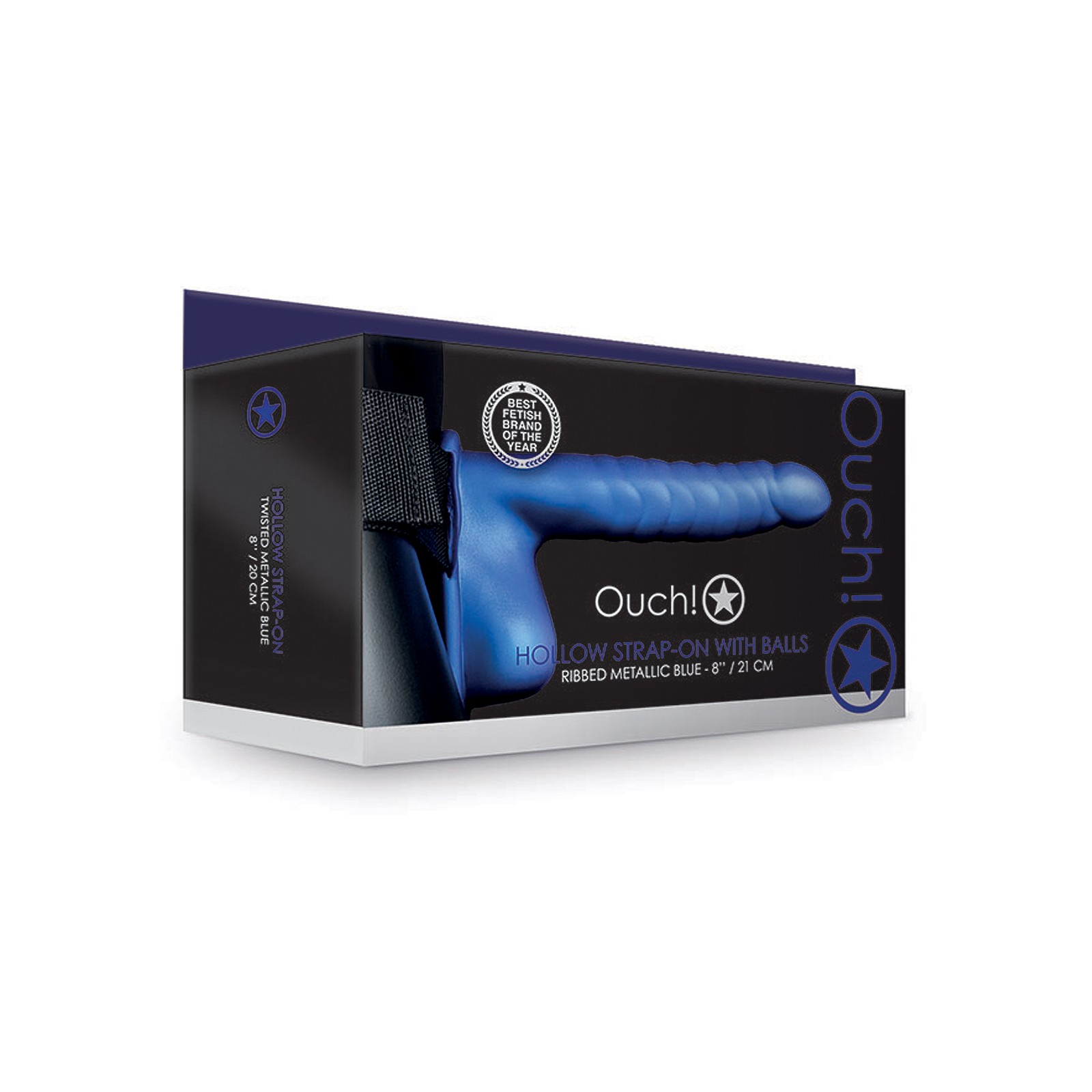Ouch 8" Ribbed Hollow Strap-On w/Balls Metallic Blue Ouch 8" Ribbed Hollow Strap-On w/Balls Metallic Blue