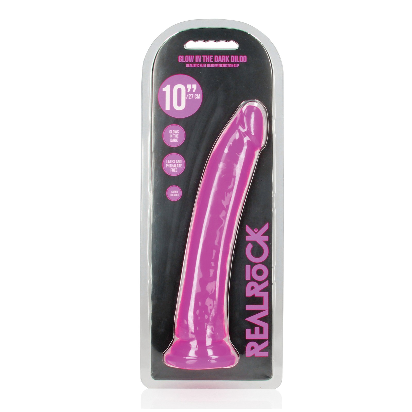 Shots RealRock Dildo Slim de 10 Pulgadas que Brilla en la Oscuridad Púrpura Neón Shots RealRock Dildo Slim de 10 Pulgadas que Brilla en la Oscuridad Púrpura Neón