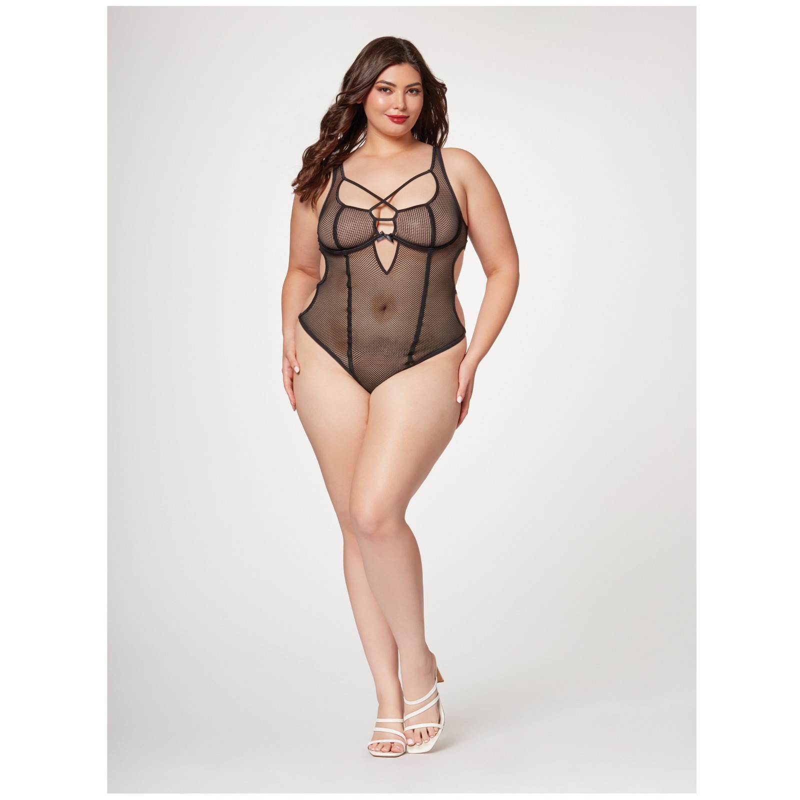 Fishnet Strappy High Cut Leg Teddy Black 1X/2X - Seductive Lingerie Fishnet Strappy High Cut Leg Teddy Black 1X/2X - Seductive Lingerie