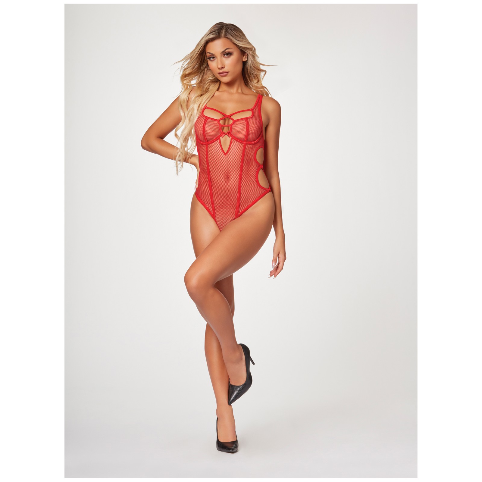 Fishnet Strappy High Cut Teddy Red XL Fishnet Strappy High Cut Teddy Red XL