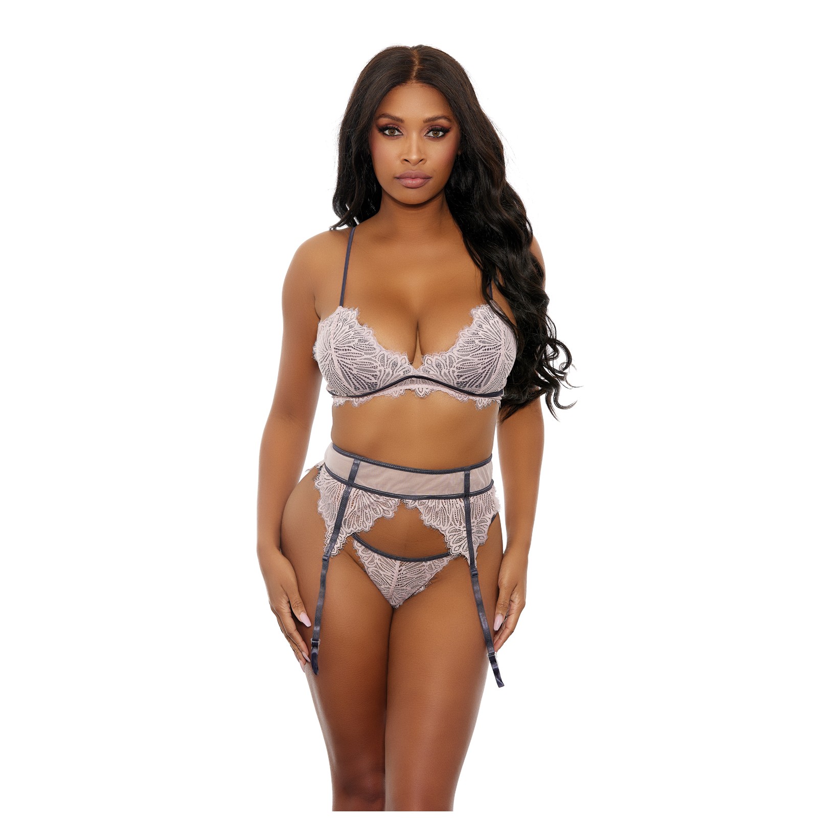 Floral Lace Set Bra Garter Belt G-String Pink MD Floral Lace Set Bra Garter Belt G-String Pink MD