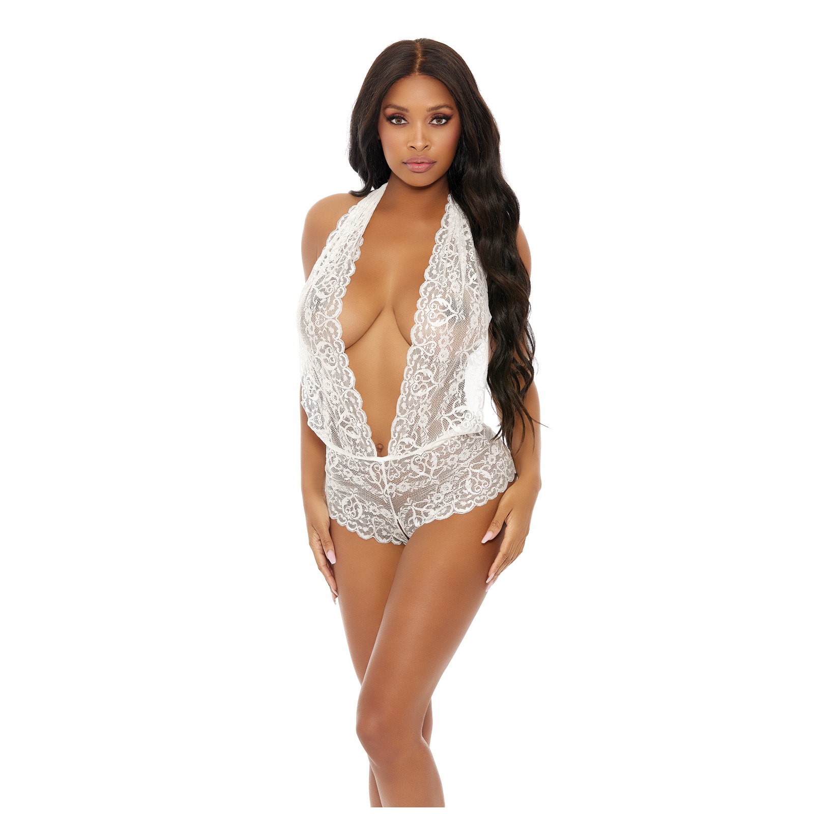 Sheer Lace Deep V Halter Bodysuit White SM Sheer Lace Deep V Halter Bodysuit White SM