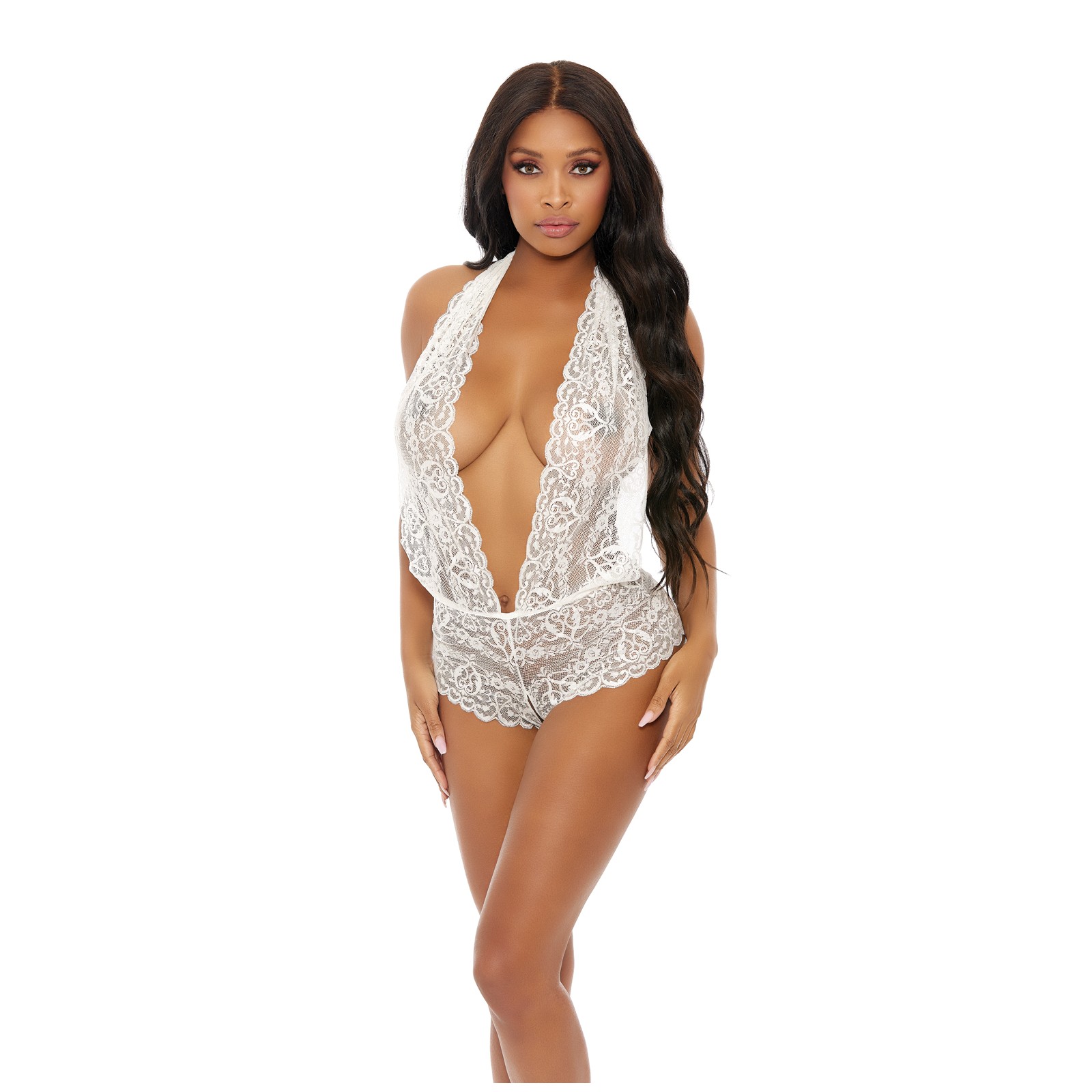 Sheer Lace Deep V Halter Bodysuit White Sheer Lace Deep V Halter Bodysuit White