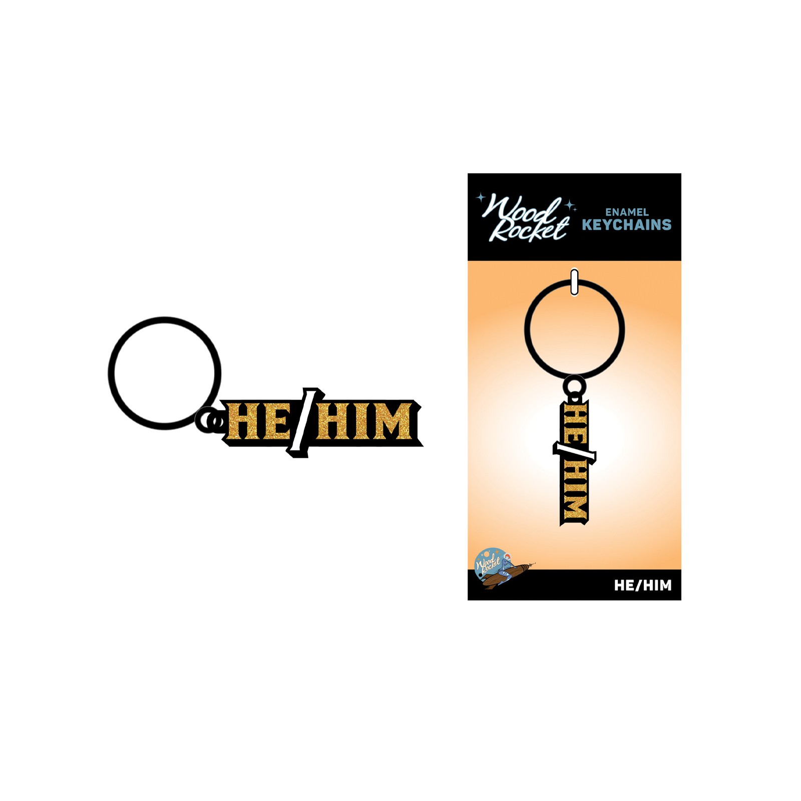 Wood Rocket He/Him Keychain - Black/Gold Wood Rocket He/Him Keychain - Black/Gold