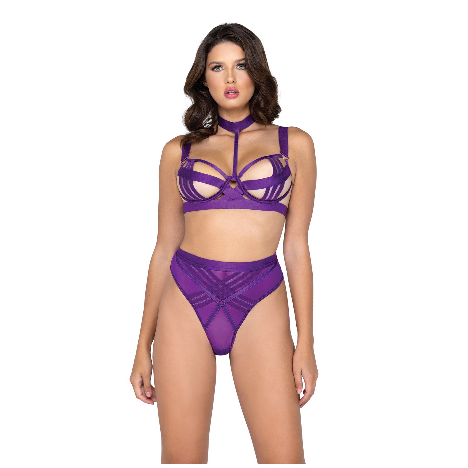 Bondage Stripe Demi Cup Set Purple XL - Seductive Lingerie Bondage Stripe Demi Cup Set Purple XL - Seductive Lingerie